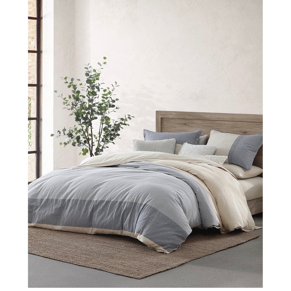 DKNY Pure Recycled Colorblock 3 Piece Duvet Cover Sham Set Full Queen Blue Cream
